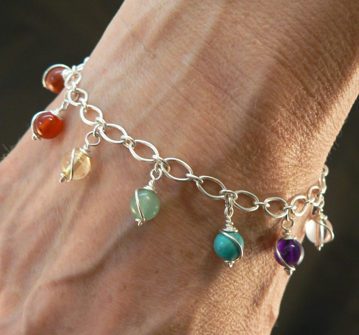 Sterling silver Chakra bracelet with hand wrapped gemstone beads Birthday gift
