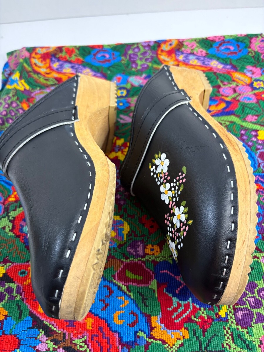 Olsson Navy Blue Hand Painted Swedish Wooden Clogs SZ 7-7.5 VGC View 5