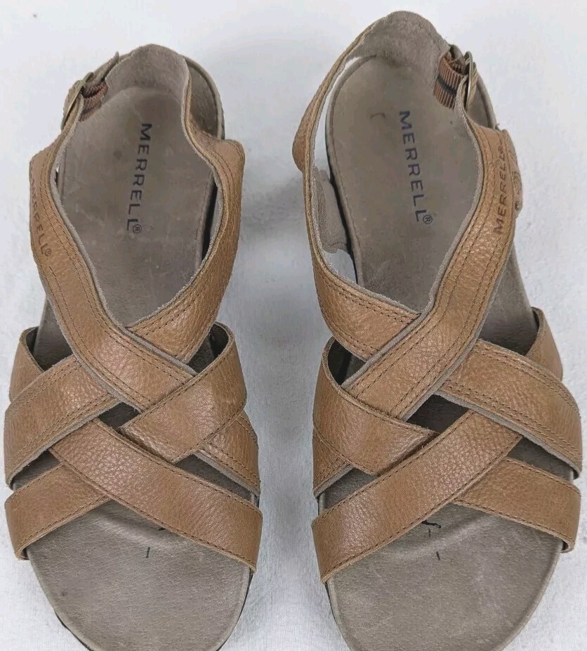 MERRELL sandali con cinturino donna taglia 10 pelle marrone fibbia cinturino alla caviglia esterno