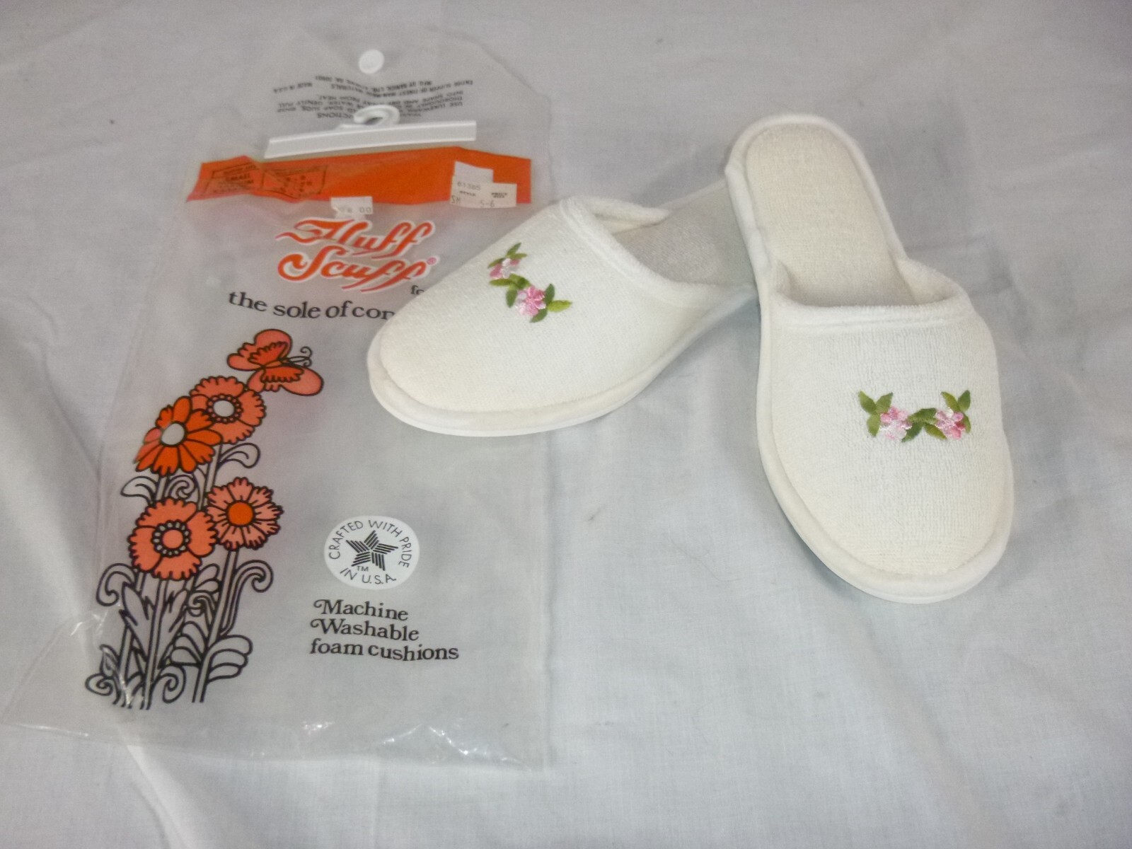 SAOLA NOS Vintage Fluff Scuff Terrycloth Pantofole Suola in Gomma Bianco con Fiori Rosa Taglia S