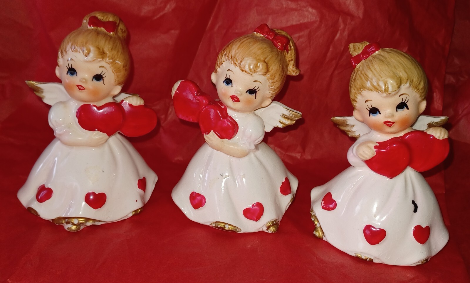 Vintage Lefton Valentine Girls Trio Set Angel Holding Heart Figurine