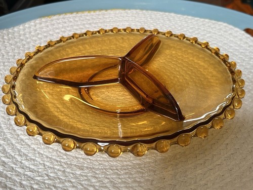 VTG Amber Glass Divided Serving Platter w/ Hobnail Edges 3 Sectioned Candy Dish - Picture 3 of 6