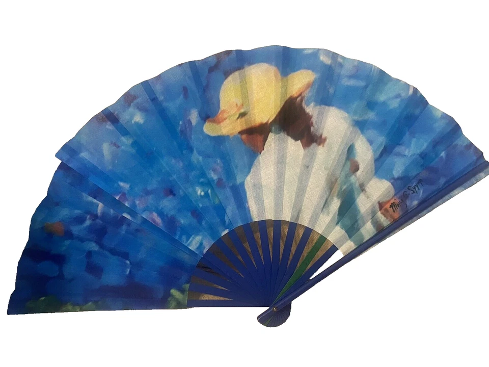 Filipinas Abanico de Mano Grande Tela Mujer con Sombrero Azul Ming G Syyop en Caja 13" Foto 2 de 4