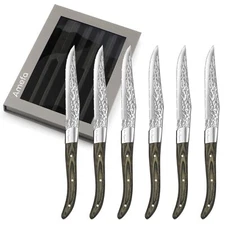 Amefa Lou Laguiole Vulcano Steak Knives, Set of 6, Triple Rivet Pakka Wood