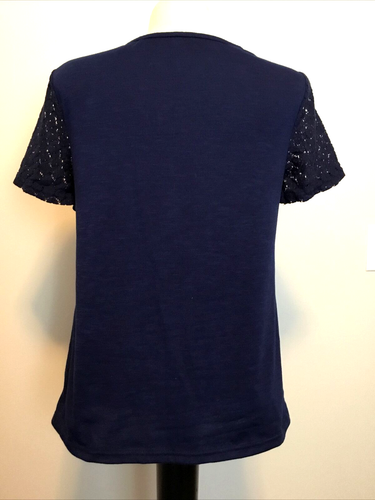 UNBRANDED Navy Blue Short Sleeve Lace Panel Contrast Tee Shirt Top SZ S - Picture 4 of 7