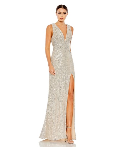Mac Duggal Nude Silver V-Neck Sequin Wrap Waist Gown Size 10 Orig $398