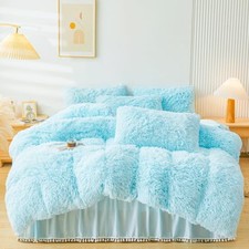 Fluffy Faux Fur Comforter Cover Set  Fluffy Fuzzy Plush Bedding 3Pcs Queen Blue