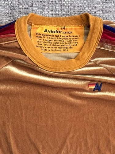 Aviator Nation ๐ Gold 5 Rainbow Stripe Velvet Crewneck Unisex Kids Size 14 - Picture 4 of 6