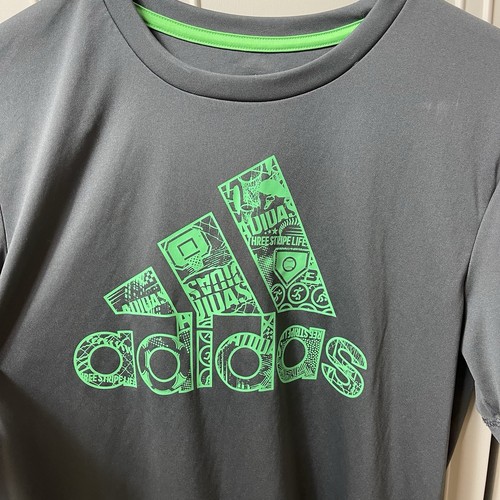 Adidas Boys XL (18/20) Climalite Graphic Tee Gray Green Logo Short Sleeve - Picture 2 of 5