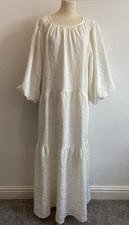 KIN Tiered Smock Dress Size UK 20 Ivory Jacquard Puff Sleeve Occasion Holiday
