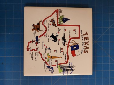 Vintage Souvenir Tile Texas Map Cities Landmarks Made Sri Lanka 4x4 Decor