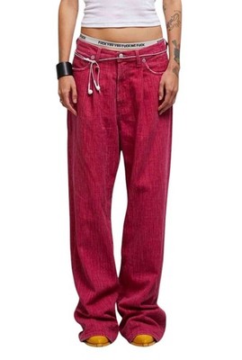 R13 Damon Plissee Damen Jeans 26 Vivid Pink Wide Leg Zip Pocket Denim *