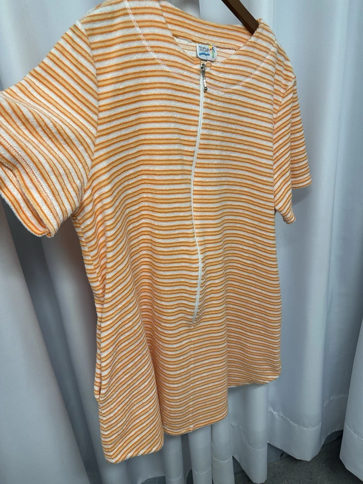 Vintage Terry cloth Cover Up Tropical Escape Orange White Striped Pockets Zipper - Image 2 of 4