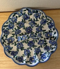 Unikat Polish Pottery Deviled Egg Platter Plate Handle Blue Flowers Violets 8.25