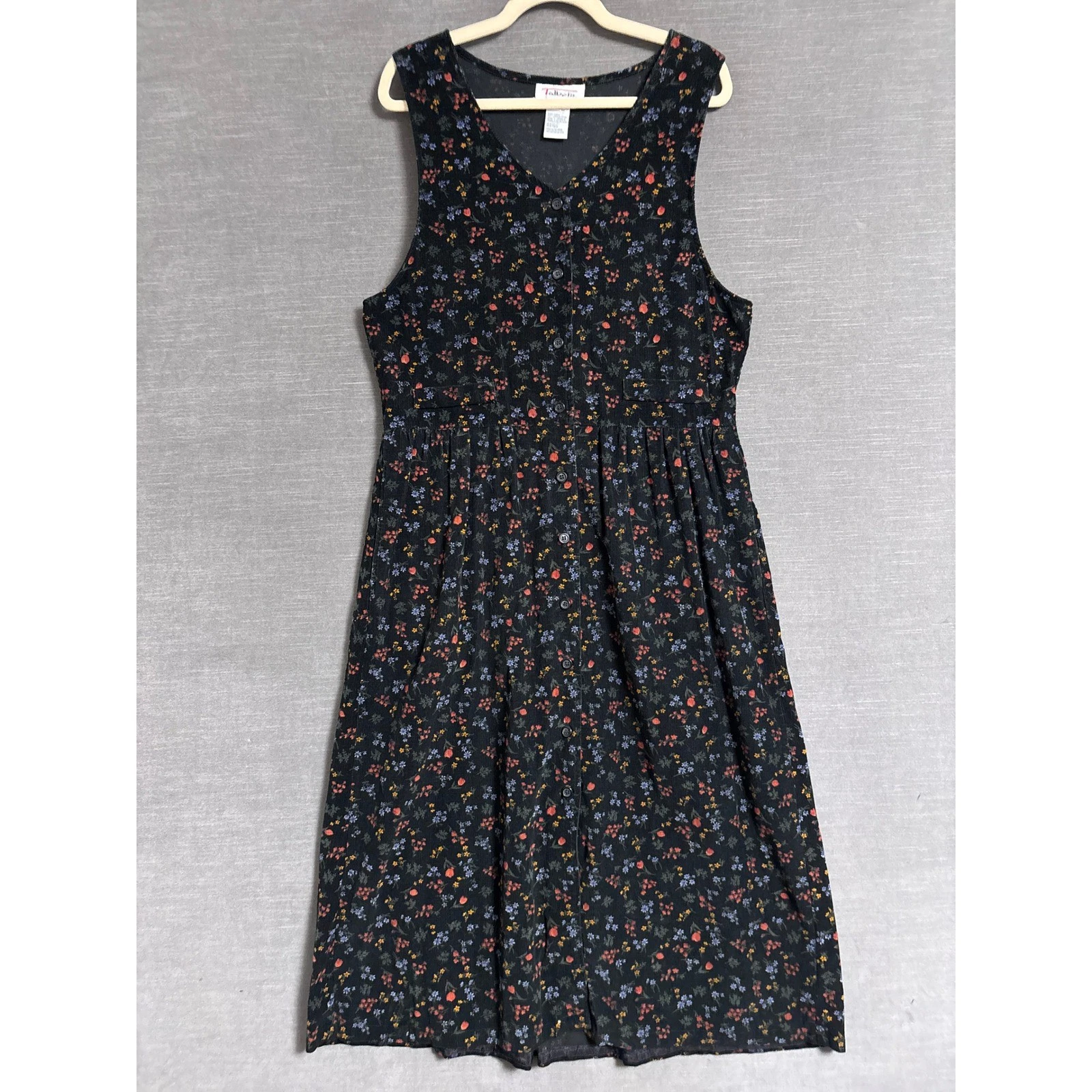 Vintage Talbots Jumper Dress 12 Black Floral Corduroy Overall Midi Cottage
