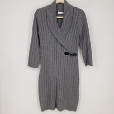 Calvin Klein Cable Knit Shawl Collar Sweater Dress S Fitted 3/4 Sleeve Gray