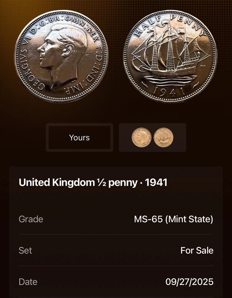 Moneda de medio 1/2 centavo de buque de guerra británica del Reino Unido 1941 ~ estado (MS) ~ limpia Foto 3 de 3