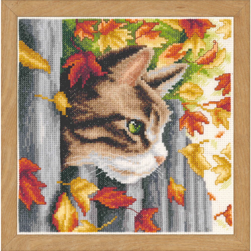Vervaco counted cross stitch kit ""Kitten at the fence"", 20x20cm