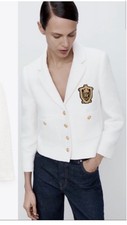 Zara Ivory patch pocket Tweed Blazer Classic Crest Cotton Size M