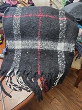 Adrienne Vittadini Soft Oversized Plaid Scarf Shawl Black Mix Fringe Chunky NWT