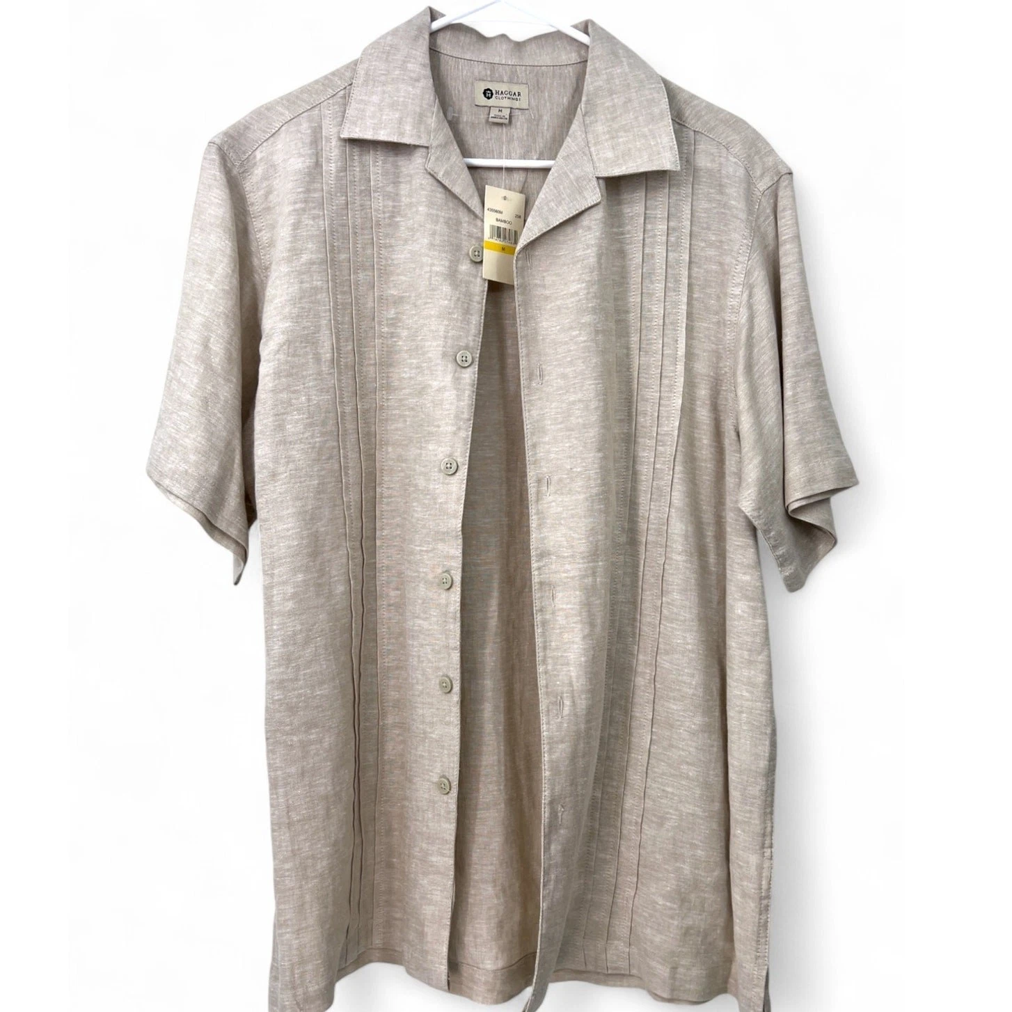 New Haggar | M | Shirt Mens Button Down Linen Blend Collared Camp Short Sleeve