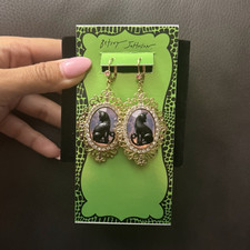 Betsey Johnson Gold Tone Black Cat Cameo Rhin...