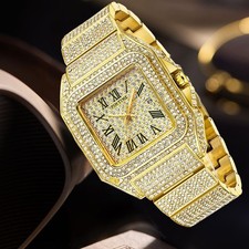 Hip Hop Luxury Men Iced Out Roman Numeral Watch Full Crystal Bling Square Dial