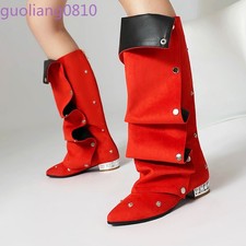 Rivet Women's Faux Leather Knee High Boots Pointed Toe Shoes Block Heel Back Zip