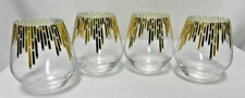 Set 4 Stemless Wine Glass Set Gold Metallic lines books 14 ounce