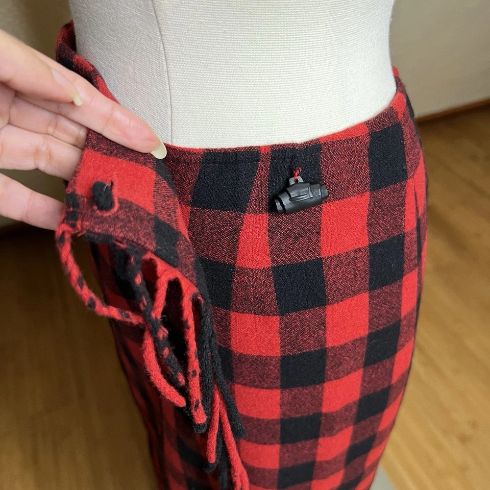 Falda envolvente de lana de colección para mujer 2P roja negra búfalo escoceses tartán flecos vacaciones Foto 4 de 4