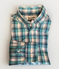 Wrangler Riata Button Up Long Sleeve Shirt Boys Plaid Blue Turquoise Med