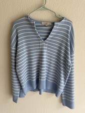 LOFT Women's Blue/White Striped V-Neck Cotton Knit Pullover Sweater S