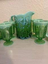 Mosser Green Opalescent Cherry Thumbprint Pitcher with 6 Footed Goblets / 7 piec