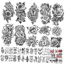 40 sheets Waterproof Temporary Tattoos Flowers Rose Butterfly Fake Tattoo Black