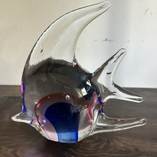 Art Glass Angelfish Sculpture Murano Style Blown Glass Aqua Marine Large Coastal