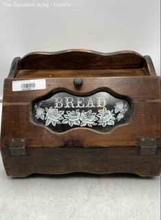 Vintage Collectible Brown Wooden Glass Floral Panel Bread Box With Handle Lid