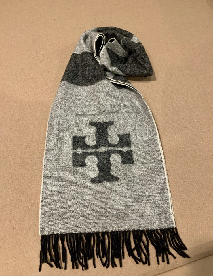 TORY BURCH Carnavalet кашемир/шерсть логотип геометрический шарф 68» черный-серый ~ ($250) - Изображение 3 из 4