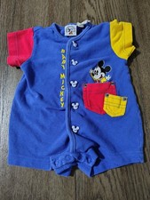 Vtg 90  s Baby Mickey  Co Red/Blue Rare S/Sleeve Romper W/Pockets 6 Months