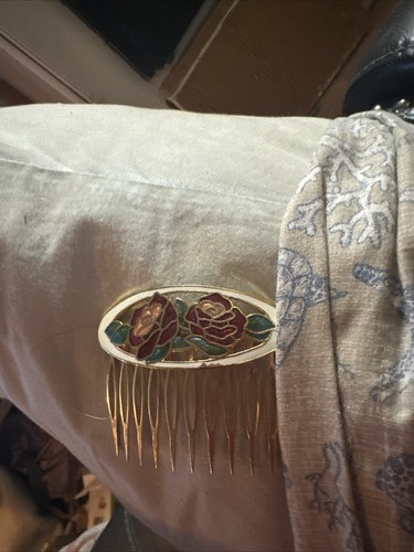 Vintage Cloisonné Gold Tone Hair Combs Set Of 2 - Afbeelding 1 van 5