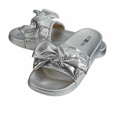 Roxoni Women Open Toe Silver Slide Slipper Size 10 with Stylish Bow