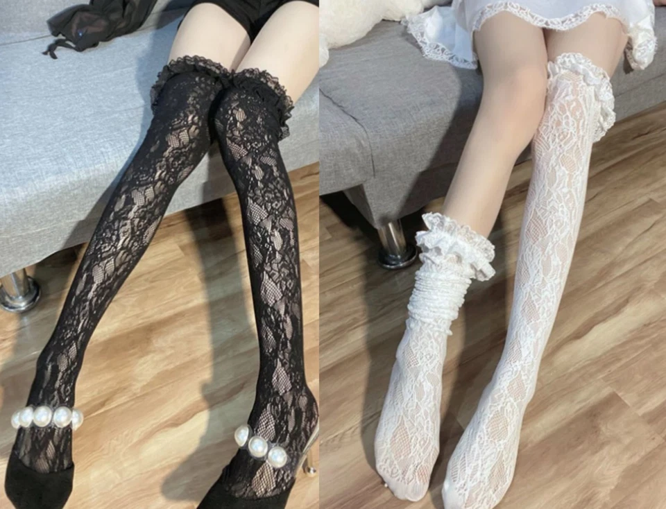 Women Thigh Knee High Net Fishnet Hosiery Lace Trim Frilly Long Tights Socks