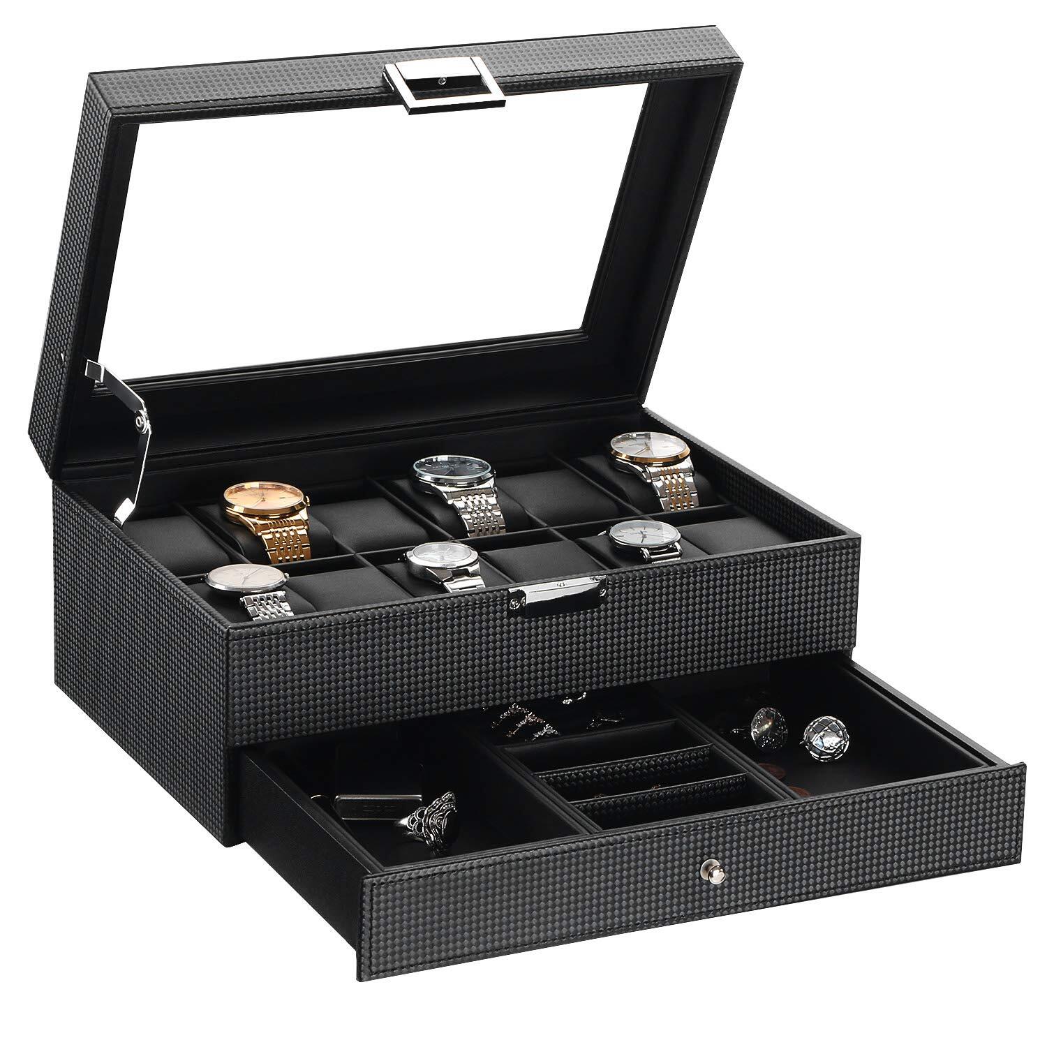 Watch Box Organizer 12 Slot Watch Case with Valet Drawer, Mens Watch Display ...