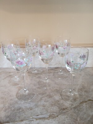 Vintage Luminarc  Stemmed Wine Glasses X 6 Stamped - Applied Flowers Pink Green 