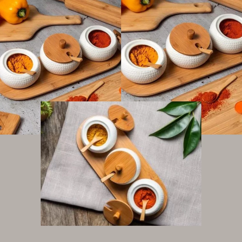 Set of 9 pieces Kitchen Spice organizer Seasoning Holder Ceramic 9 Pots W/ Spoon