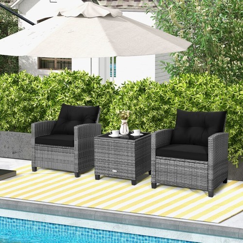 3PCS Patio Outdoor Garden Furniture Conversation Set w/Tempered Glass Tabletop - Picture 6 of 10