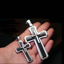 Mens Big Heavy Large Stainless Steel Layer Cross Pendant Necklace For Men Boys