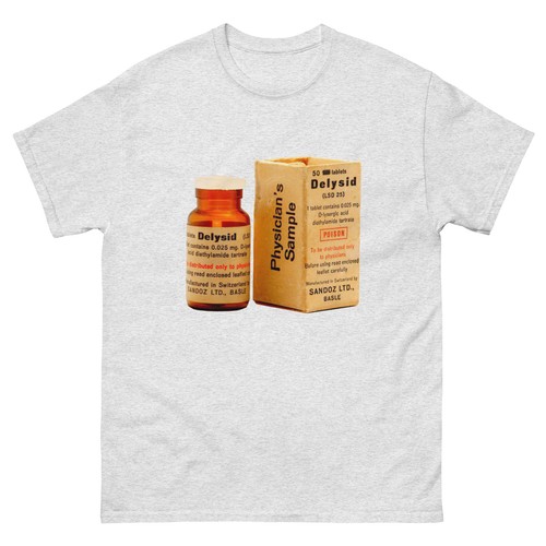 Delysid Lysergic Acid Diethylamide LSD Package Bottle and Box Unisex T-Shirt - Picture 10 of 11