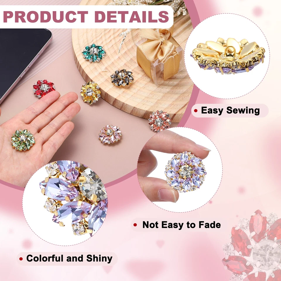 6 PIEZAS Botones de diamantes de imitación de costura de flores de 1 pulgada caña de cristal dorado púrpura claro Foto 3 de 4
