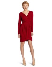 Karen Kane Red Faux Wrap Pleated Stretch Jersey Midi Long Sleeve Dress Sz Medium