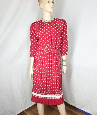 Vintage Breli Originals Dress Womens 6 Red Polka Dot Pleated Belt 80s Rockabilly